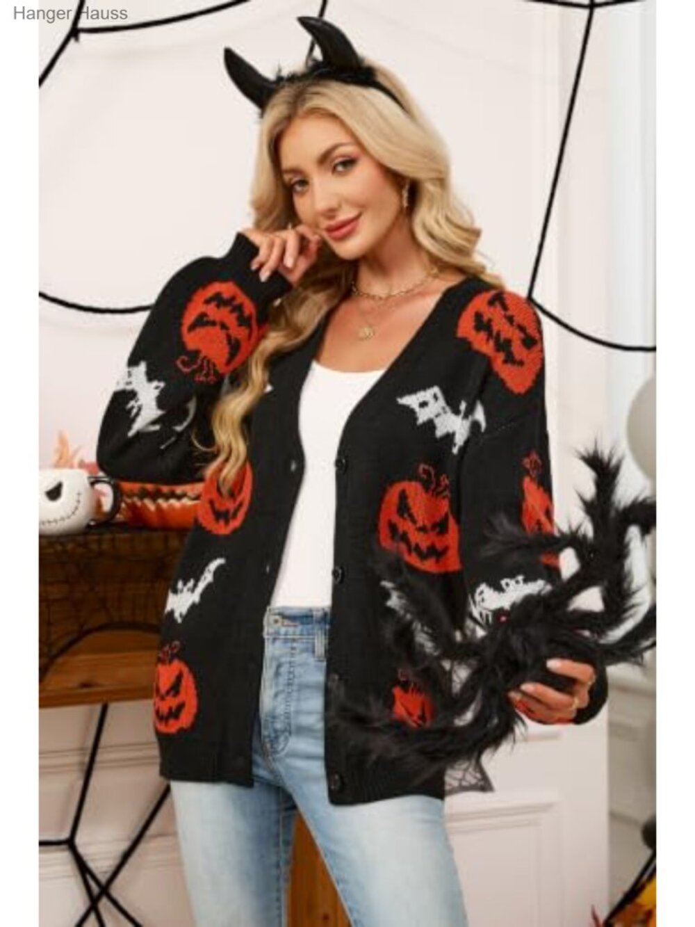 Halloween Pumpkin Bat Knit Cardigan Button Front V-Neck Loose Sweater - Picture 2 of 5